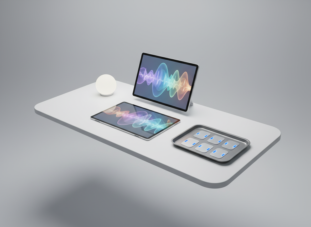 A clean, white work desk with rounded edges floats against a seamless soft-gray background, on it a thin translucent tablet displaying abstract, colorful waveforms that blend heart-rate patterns with subtle, halo-like energy fields. Beside the tablet, a small frosted-glass orb emits a gentle, steady light, and a neatly arranged set of metallic sensor patches rests on a smooth tray. Soft, balanced studio lighting from above and slightly to the left creates gentle, professional highlights and almost no harsh shadows, echoing a clinical yet serene environment. The mood is focused and innovative, suggesting a workspace where spiritual practices are measured and optimized. Shot from a slightly elevated angle with rule-of-thirds composition, the image uses photographic realism and a clean, modern aesthetic to convey credible, data-informed spiritual biohacking.