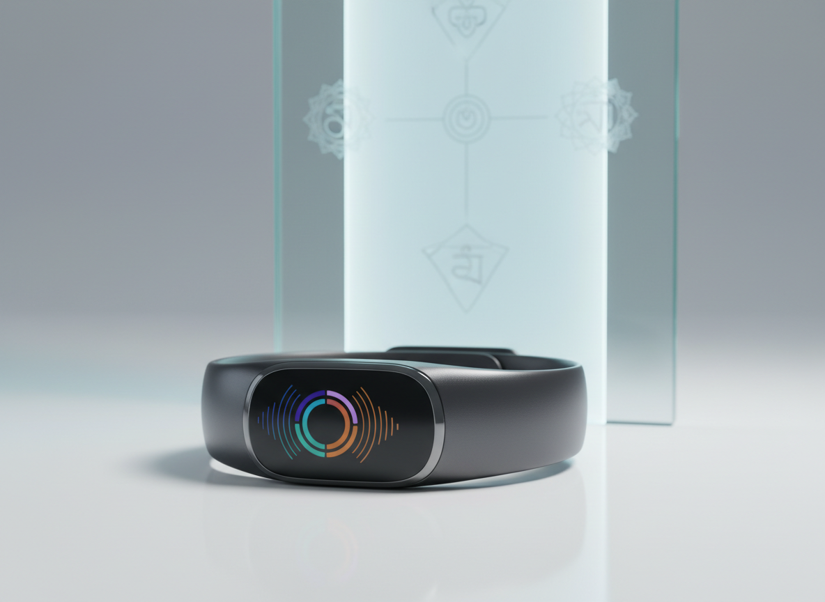 A dark, charcoal-gray biometric wristband with a satin finish resting on a pristine, frost-white surface, its tiny display showing only color-coded rings and subtle light pulses rather than text or numbers. Behind it, a translucent, vertical panel glows softly, etched with faint, abstract patterns suggesting chakras and meridians simplified into clean geometric lines. Cool, even studio lighting creates crisp reflections on the wristband’s edges and a gentle shadow that anchors it to the surface. The mood is professional, minimal, and quietly mystical without clichés, evoking next-generation spiritual wearables. The camera frames the wristband in the lower third from a low, side angle, capturing fine texture details in photographic realism while allowing the glowing panel to blur slightly, adding depth and focus to the device.