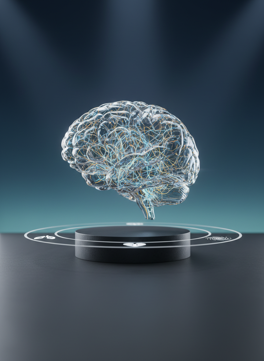 A transparent, glass-like brain model suspended above a polished graphite platform, intricate neural pathways illuminated by cool blue and warm golden micro-lights that flow like gentle currents. Around the platform, semi-transparent rings hover, displaying abstract, icon-based representations of breath, heart rhythm, and subtle energy fields instead of text. The background is a soft gradient from deep navy to pale teal, resembling a high-end medical visualization studio. Controlled, directional studio lighting highlights the brain’s crystalline details while keeping the surroundings subdued. The atmosphere feels precise, credible, and contemplative. Shot from a slightly elevated angle with a shallow depth of field, the brain and platform are in perfect focus while the background fades to a smooth bokeh, reinforcing a photographic, modern aesthetic that balances scientific rigor with spiritual depth.