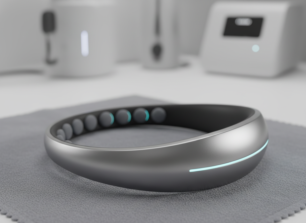 A close-up of a smooth, matte-silver neural interface band resting on a soft, dove-gray microfiber cloth, its inner surface lined with tiny, cushioned sensor pads and a subtle inner glow in soft aqua, implying active yet gentle scanning. The background is an out-of-focus, minimalist lab space in whites and light grays, with hints of sleek equipment shapes but no legible text or screens. Soft, directional studio lighting from the right creates fine specular highlights on the metal and rich detail in the sensor textures. The atmosphere is intimate, precise, and reassuringly professional, suggesting safe and sophisticated spiritual biohacking hardware. The camera uses a macro lens and shallow depth of field, isolating the band as the hero element in a photographic, product-style composition.