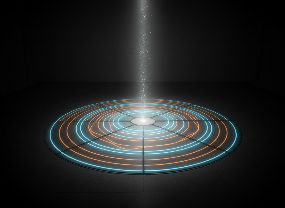 A large, circular floor interface made of translucent glass occupies the center of a dim, spacious, undefined room, its surface alive with softly glowing concentric rings in blues and ambers, indicating breath, heart coherence, and subtle energy alignment. Above the circle, a faint, vertical column of light rises, filled with tiny floating particles that drift upward like illuminated dust motes. The edges of the room dissolve into darkness, keeping focus on the luminous platform. Gentle, low-key studio lighting emphasizes the contrast between the glowing interface and the surrounding shadow, creating a contemplative, almost sacred tech atmosphere. Photographed from a high, slightly off-center angle with sharp focus on the platform, the composition feels cinematic yet grounded, visually representing a holistic spiritual-energetic diagnostic system in photographic realism.